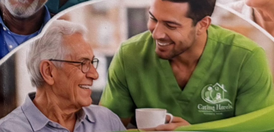 A caregiver sharing coffee with a senior man