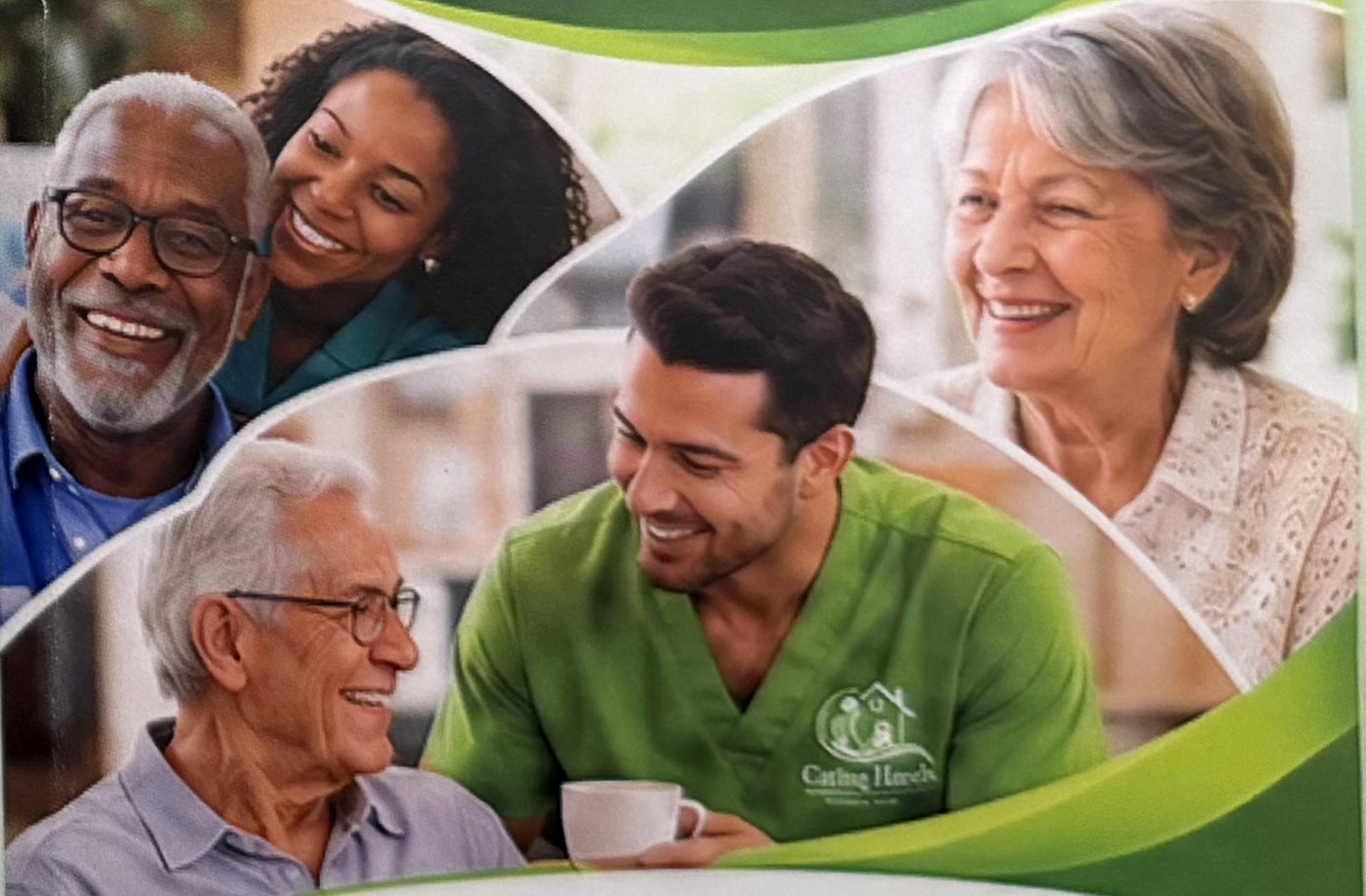 Caring Hands caregivers smiling with several senior clients
