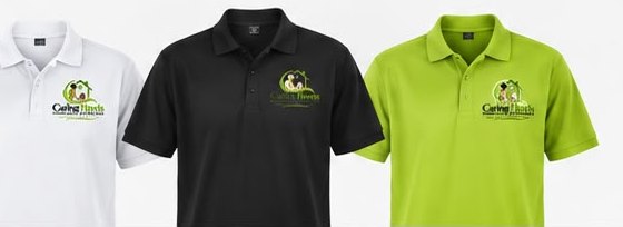 Caring Hands caregiver uniforms in white, black and lime green